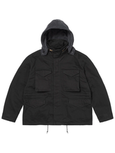 Front view of the black field jacket with the removable hood attached and up.