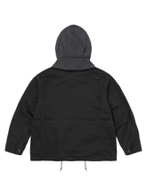 Back view of the black field jacket with the hood attached, showing the contrast grey hood fabric.