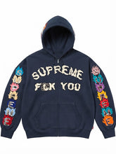 Brown FW26 Supreme Fck You zip hoodie with puffy bone lettering and multicolor flame sleeves
