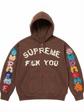 Navy FW26 Supreme Fck You zip-up hoodie with cream bone lettering and flame patch sleeves