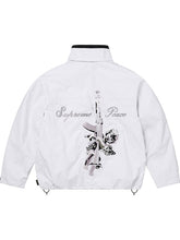 Back view of the white Supreme Peace Gore-Tex jacket showing the full skull, rose, and script embroidery.