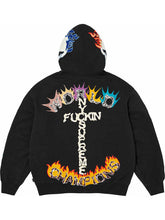 Back of black Supreme hoodie with NY Fuckin Supreme cross graphic and flaming Champions text