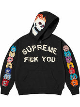 Black Supreme zip-up hoodie with flaming skull graphic on the hood and flame sleeve lettering