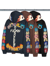 Back of FW26 Supreme zip-up hoodies in navy, brown and black with World Champions flame graphics
