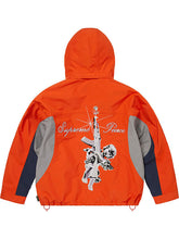 Orange Supreme Peace Gore-Tex jacket shown with the full embroidered skull, rose, and cross graphic across the upper back.