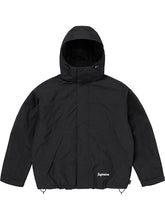 Supreme Peace Gore-Tex jacket in black with hood up, front view showing the tonal box logo.