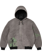 Front view of the grey hooded jacket with hood up, highlighting the ribbed cuffs and drawcord hood.
