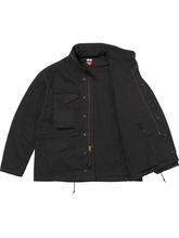 Black field jacket shown open, revealing the twill lining and interior zip pocket.
