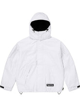 Supreme Peace Gore-Tex jacket in white with hood up, front view showing the black box logo patch.