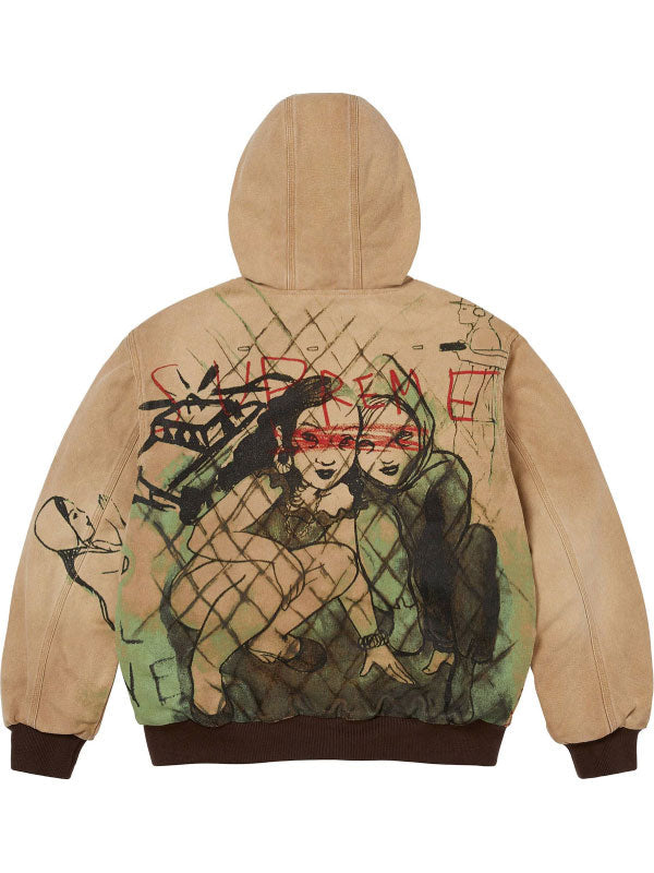 Back view of the Supreme X Rita graphic hooded jacket in tan, showing the full sketch-style illustration and red "SUPREME" tag.