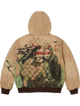 Back view of the Supreme X Rita graphic hooded jacket in tan, showing the full sketch-style illustration and red 
