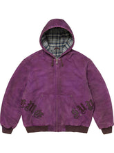 Purple washed cotton hooded jacket shown from the front with plaid-lined hood, leather appliqué details, zip closure and kangaroo-style front pocket.