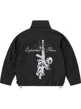 Back view of the black Supreme Peace Gore-Tex jacket displaying the embroidered rifle, rose, and script detailing.