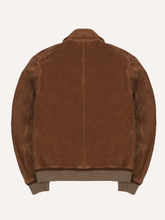 Back view of the ribbed-hem chestnut brown suede jacket