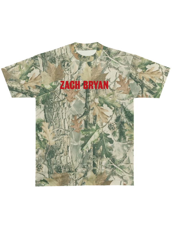 Camo print tee with "ZACH BRYAN" in red block letters on chest