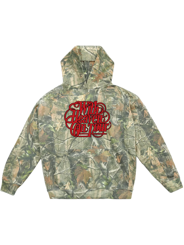 Camo print hoodie with red "With Heaven On Tour" script logo on chest