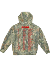 Camo print hoodie with red 2026 tour dates and venue list down the back